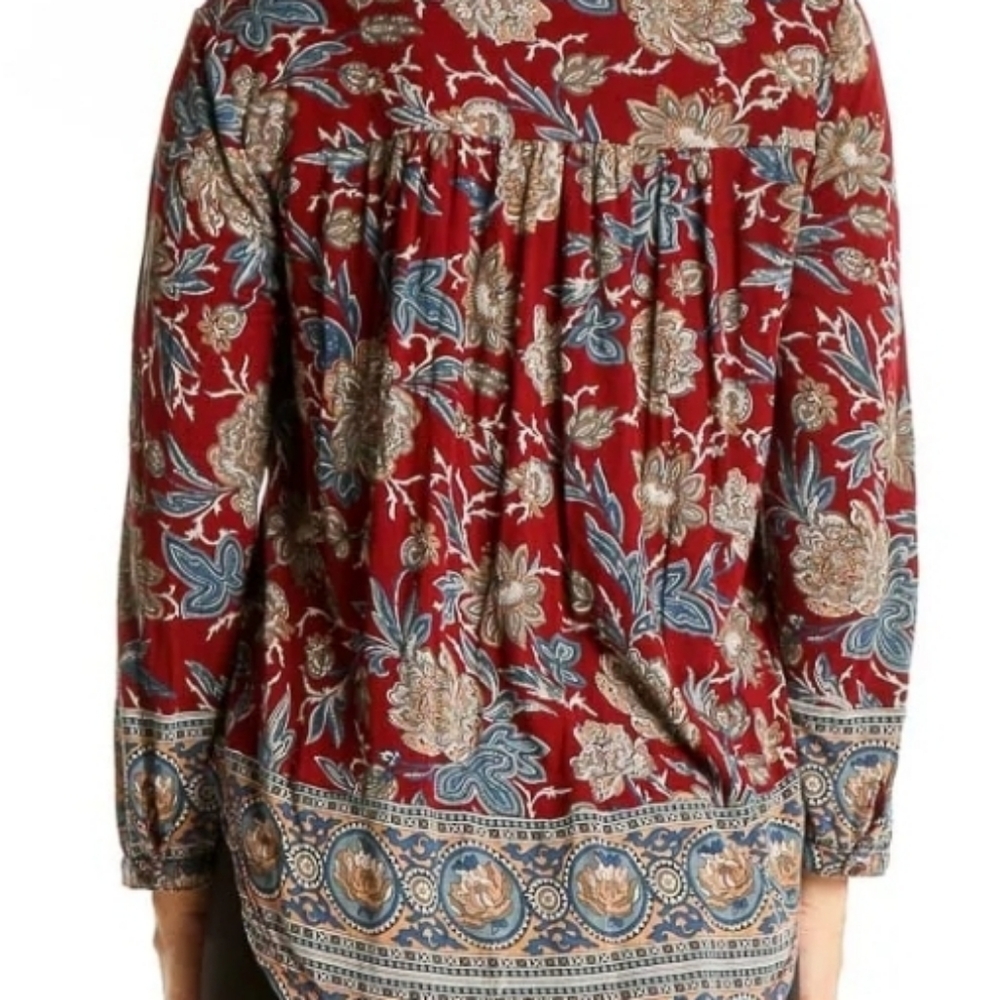 Lucky Brand Top Womens Medium Multicolor Floral Boho Trim Popover Blouse Ladies - Picture 3 of 3